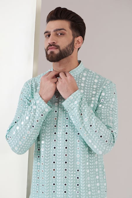 Shop Kasbah Blue Georgette, Cotton Mirrors, Embroidery Work Kurta And Pant Set Online at Aza Fashions Shop_Kasbah_Blue Georgette, Cotton Mirrors, Embroidery Work Kurta And Pant Set _Online_at_Aza_Fashions