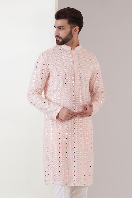 Buy_Kasbah_Pink Georgette, Cotton Mirrors, Embroidery Kurta And Pant Set _Online_at_Aza_Fashions