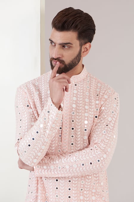 Shop_Kasbah_Pink Georgette, Cotton Mirrors, Embroidery Kurta And Pant Set _Online_at_Aza_Fashions