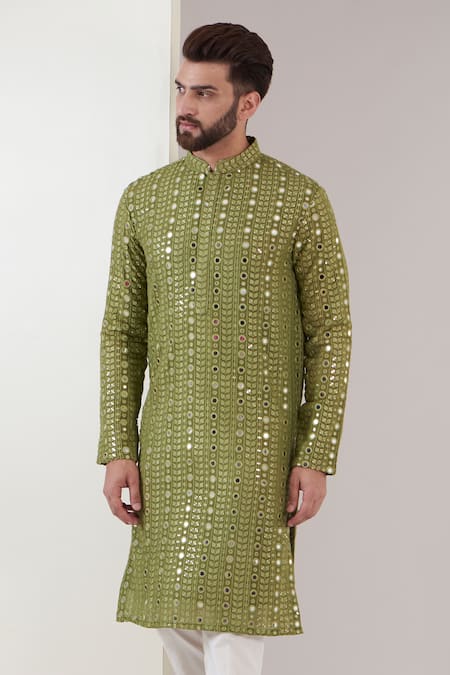 Buy_Kasbah_Green Georgette Mirrors, Embroidery Kurta And Pant Set _Online_at_Aza_Fashions