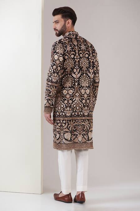 Shop_Kasbah_Black Georgette, Cotton Embroidery, Zari, Sequins Floral Resham Kurta Set _at_Aza_Fashions