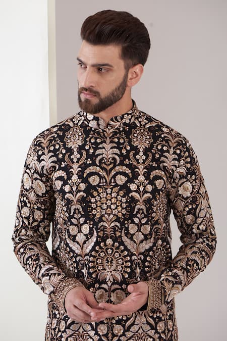 Kasbah_Black Georgette, Cotton Embroidery, Zari, Sequins Floral Resham Kurta Set _Online_at_Aza_Fashions