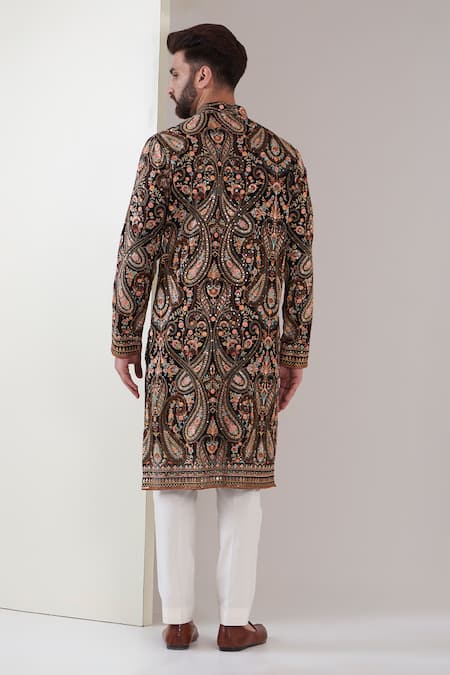 Shop Kasbah Black Georgette, Cotton Embroidery, Sequins Kalamkari Kurta Set at Aza Fashions Shop_Kasbah_Black Georgette, Cotton Embroidery, Sequins Kalamkari Kurta Set _at_Aza_Fashions