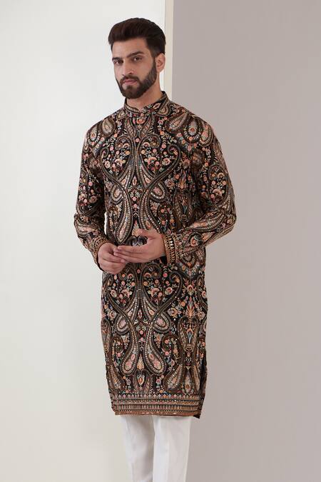 Kasbah Black Georgette, Cotton Embroidery, Sequins Kalamkari Kurta Set Online at Aza Fashions Kasbah_Black Georgette, Cotton Embroidery, Sequins Kalamkari Kurta Set _Online_at_Aza_Fashions