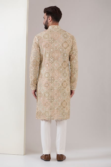 Shop_Kasbah_Cream Georgette Embroidery Chikankari Thread Kurta Set_at_Aza_Fashions