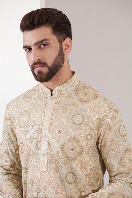 Buy_Kasbah_Cream Georgette Embroidery Chikankari Thread Kurta Set_Online_at_Aza_Fashions