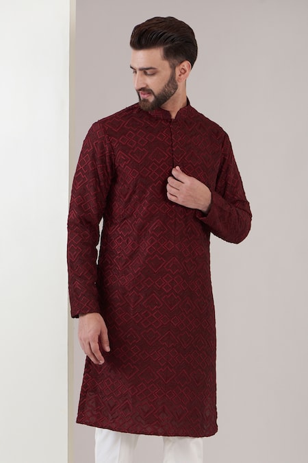 Kasbah_Maroon Silk, Cotton Embroidery Chikankari Kurta Set _Online_at_Aza_Fashions