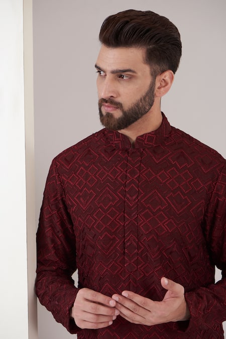 Buy_Kasbah_Maroon Silk, Cotton Embroidery Chikankari Kurta Set _Online_at_Aza_Fashions
