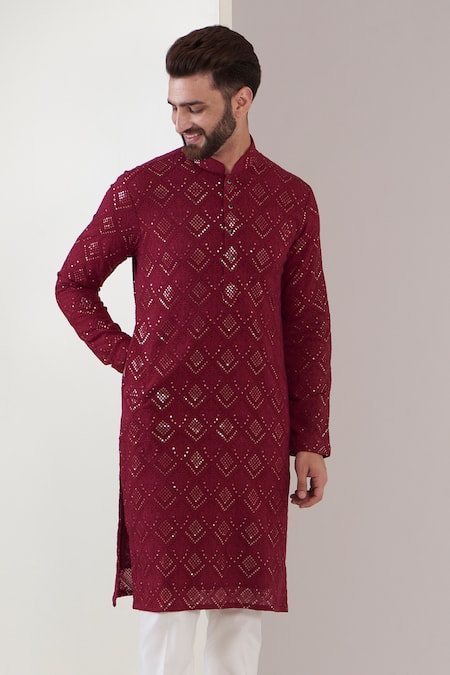 Kasbah_Maroon Georgette, Cotton Sequins Chikankari Embroidered Kurta And Pant Set _Online_at_Aza_Fashions