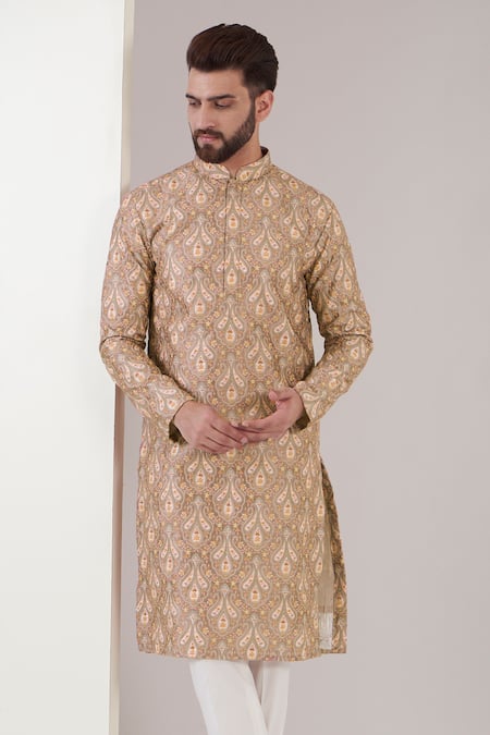 Kasbah_Beige Silk, Cotton Embroidery Vintage Chikankari Kurta Set _Online_at_Aza_Fashions