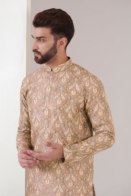 Buy_Kasbah_Beige Silk, Cotton Embroidery Vintage Chikankari Kurta Set _Online_at_Aza_Fashions