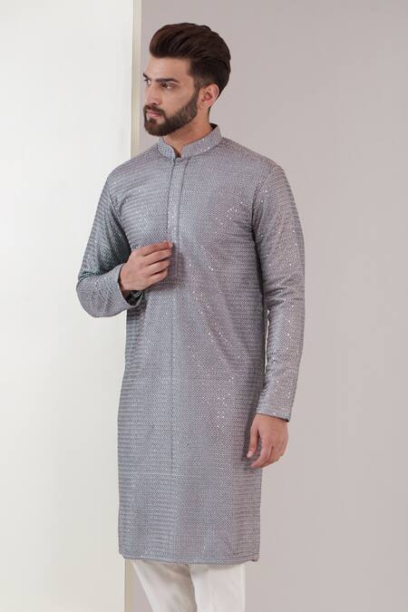 Kasbah_Grey Silk Sequins Threadwork Kurta With Pant_Online_at_Aza_Fashions