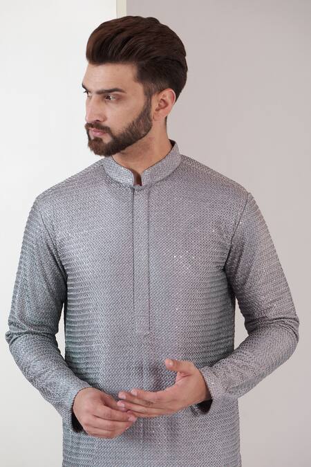 Buy_Kasbah_Grey Silk Sequins Threadwork Kurta With Pant_Online_at_Aza_Fashions