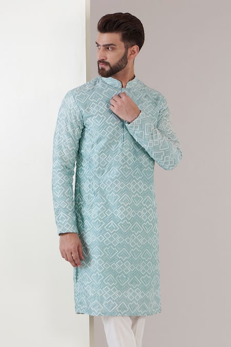 Buy_Kasbah_Blue Georgette, Cotton Embroidery Geometric Pattern Kurta With Pant _Online_at_Aza_Fashions