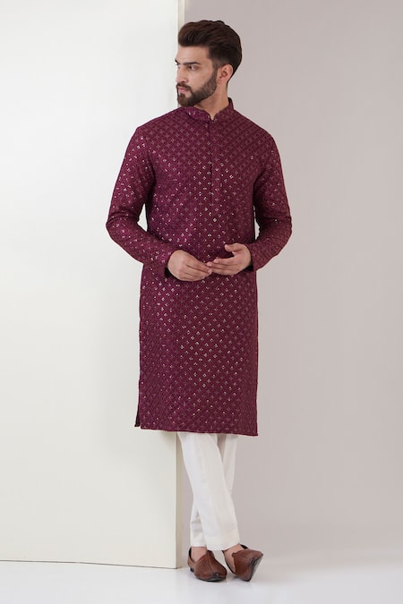 Kasbah Maroon Silk Embroidered Thread Diamond Pattern Kurta With Pant 