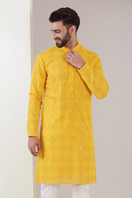 Buy Kasbah Yellow Georgette, Cotton Embroidery, Sequins Chikankari Floral Kurta With Pant Online at Aza Fashions Buy_Kasbah_Yellow Georgette, Cotton Embroidery, Sequins Chikankari Floral Kurta With Pant _Online_at_Aza_Fashions