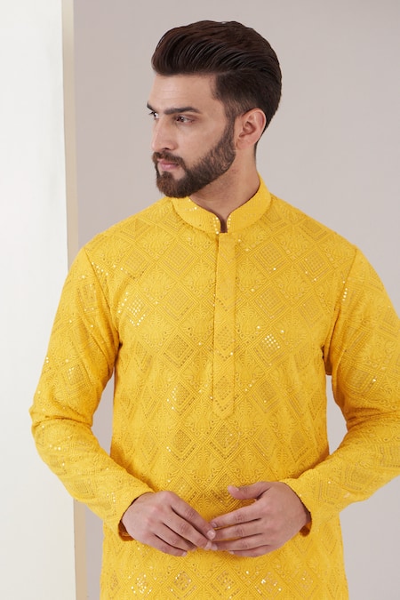 Shop Kasbah Yellow Georgette, Cotton Embroidery, Sequins Chikankari Floral Kurta With Pant Online at Aza Fashions Shop_Kasbah_Yellow Georgette, Cotton Embroidery, Sequins Chikankari Floral Kurta With Pant _Online_at_Aza_Fashions