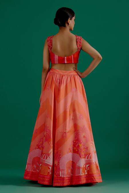 Shop Sitaraa Coral Modal, Silk Sequins Square Neck Roshini Scenic Print Lehenga And Blouse Set at Aza Fashions Shop_Sitaraa_Coral Modal, Silk Sequins Square Neck Roshini Scenic Print Lehenga And Blouse Set_at_Aza_Fashions