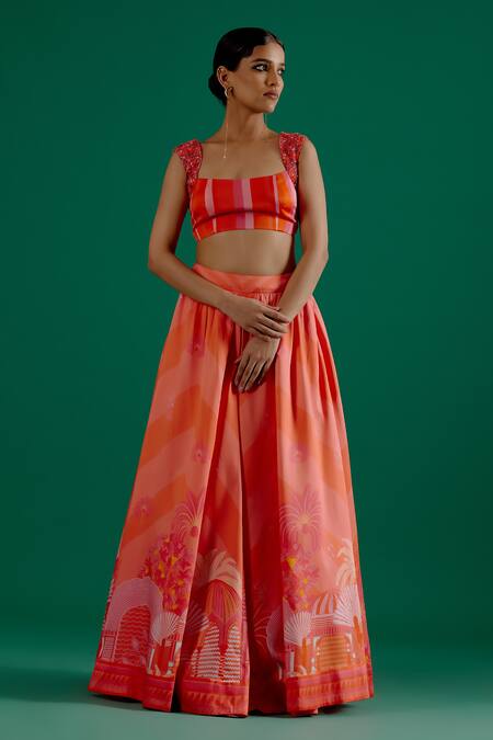 Sitaraa Coral Modal, Silk Sequins Square Neck Roshini Scenic Print Lehenga And Blouse Set Online at Aza Fashions Sitaraa_Coral Modal, Silk Sequins Square Neck Roshini Scenic Print Lehenga And Blouse Set_Online_at_Aza_Fashions