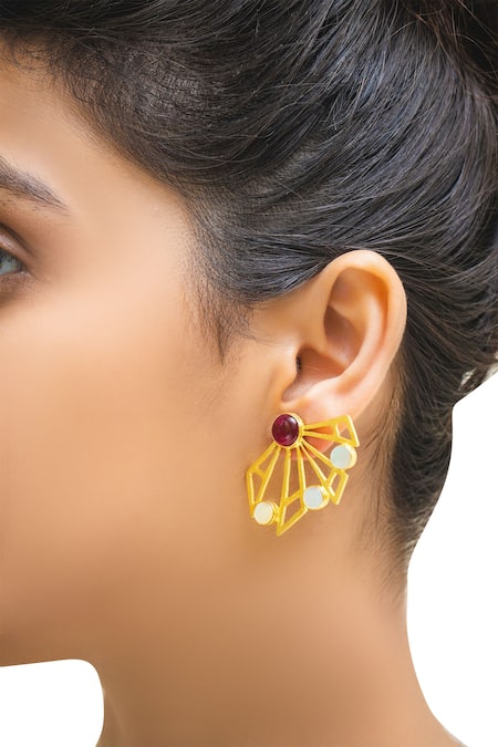Varnika Arora Gold Plated Cut Work, Stones Geometric Studs 