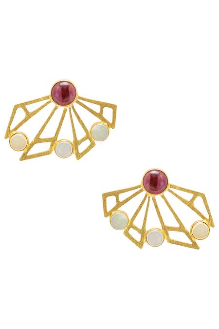 Shop Varnika Arora Gold Plated Cut Work, Stones Geometric Studs at Aza Fashions Shop_Varnika Arora_Gold Plated Cut Work, Stones Geometric Studs _at_Aza_Fashions