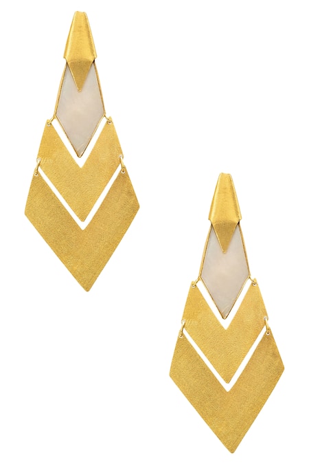 Shop_Varnika Arora_Gold Plated Cut Work, Stones Geometric Cutwork Earrings _at_Aza_Fashions