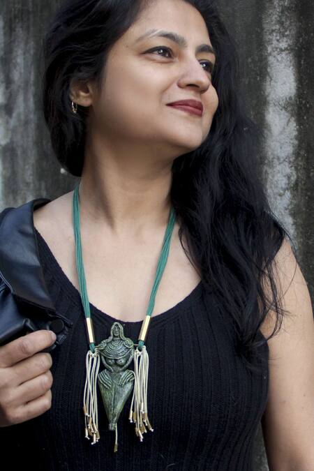 Aranya Earthcraft_Green Harappan Mother God Carved Pendant Necklace _Online_at_Aza_Fashions