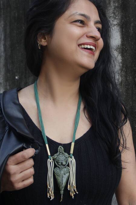 Aranya Earthcraft_Green Harappan Mother God Carved Pendant Necklace _at_Aza_Fashions