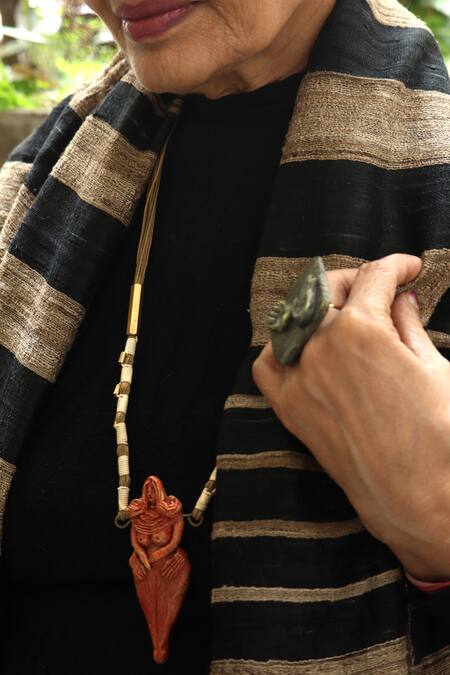 Shop_Aranya Earthcraft_Red Carved Harappan Mother God Pendant Necklace _Online_at_Aza_Fashions