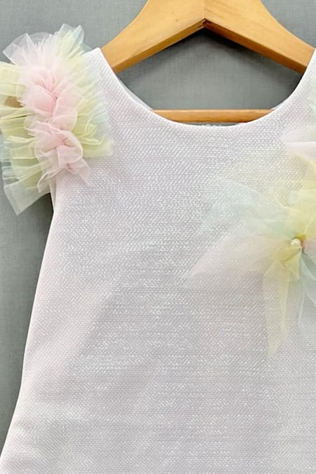 Shop Label Neeti White Lycra, Cotton Pearls, Fabric Flowers Layered Frill Dress at Aza Fashions Shop_Label Neeti_White Lycra, Cotton Pearls, Fabric Flowers Layered Frill Dress _at_Aza_Fashions