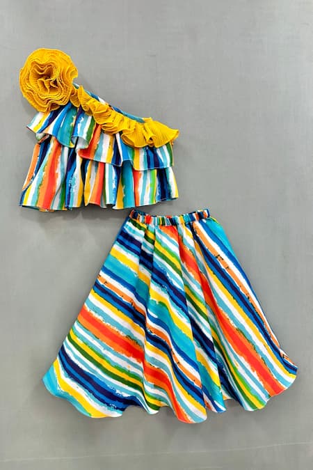 Label Neeti Multi Color Cotton, Linen Applique, Stripe Print One Shoulder Top With Skirt