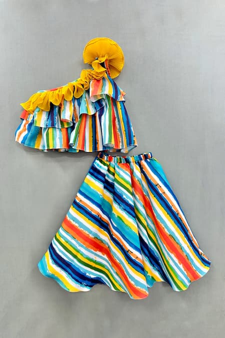 Shop Label Neeti Multi Color Cotton, Linen Applique, Stripe Print One Shoulder Top With Skirt at Aza Fashions Shop_Label Neeti_Multi Color Cotton, Linen Applique, Stripe Print One Shoulder Top With Skirt_at_Aza_Fashions
