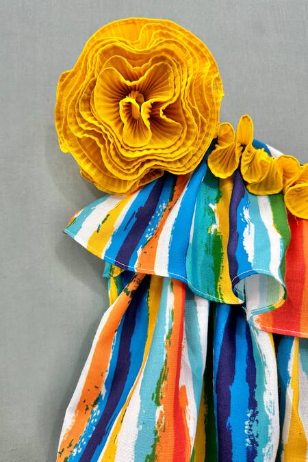 Label Neeti Multi Color Cotton, Linen Applique, Stripe Print One Shoulder Top With Skirt Online at Aza Fashions Label Neeti_Multi Color Cotton, Linen Applique, Stripe Print One Shoulder Top With Skirt_Online_at_Aza_Fashions