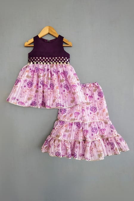 Label Neeti Purple Cotton, Silk Mirrorwork Embellished Yoke Peplum Kurta With Sharara