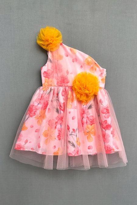 Label Neeti Pink Net, Linen, Cotton Fabric Flowers Floral Print Overlay Dress