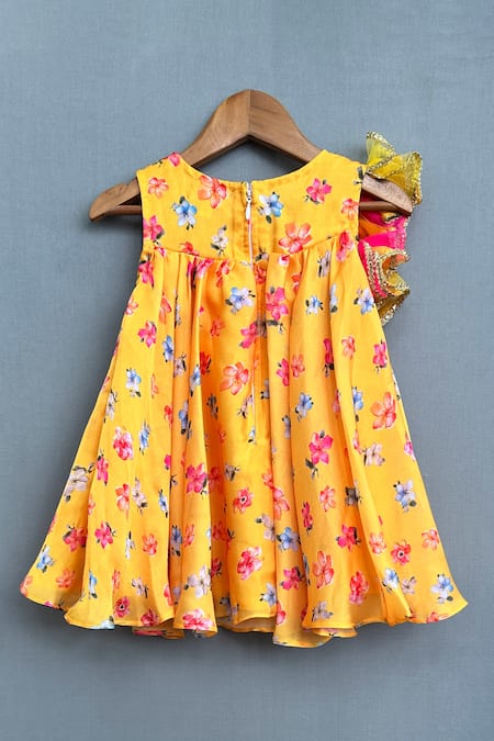 Shop Label Neeti Yellow Net, Satin Fabric Flowers Floral Blossom Print Dress at Aza Fashions Shop_Label Neeti_Yellow Net, Satin Fabric Flowers Floral Blossom Print Dress _at_Aza_Fashions