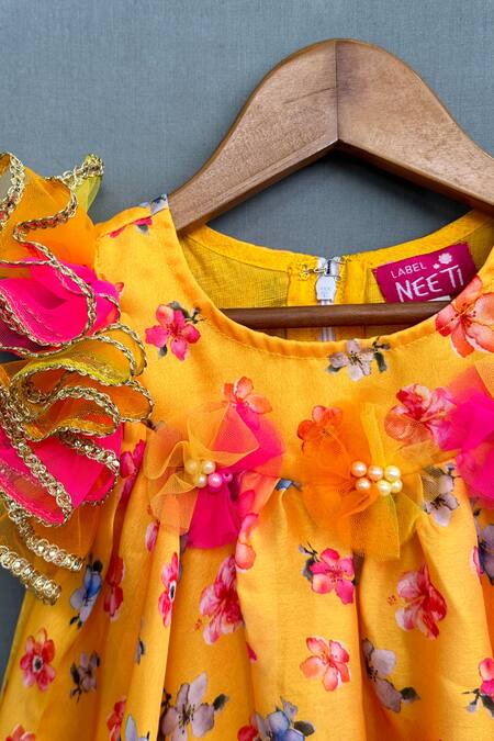 Label Neeti_Yellow Net, Satin Fabric Flowers Floral Blossom Print Dress _Online_at_Aza_Fashions