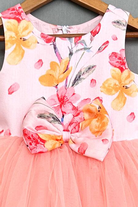 Label Neeti Peach Net, Linen, Cotton Bows Floral Bouquet Print Dress Online at Aza Fashions Label Neeti_Peach Net, Linen, Cotton Bows Floral Bouquet Print Dress _Online_at_Aza_Fashions