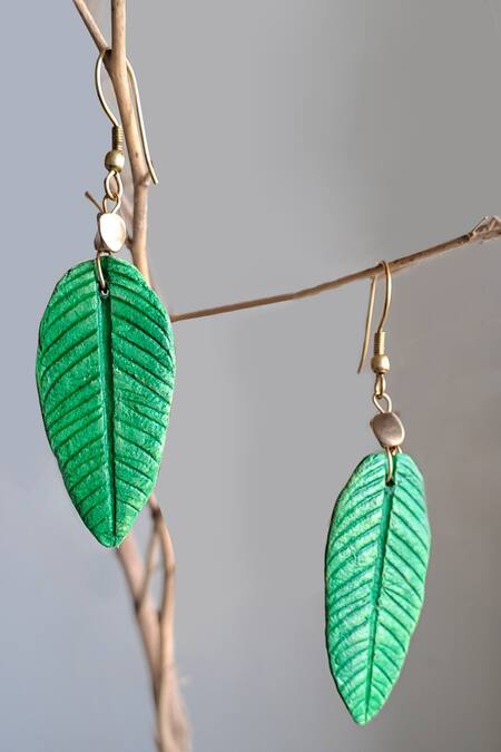 ARANYA EARTHCRAFT Green Guava Leaf Carved Earrings