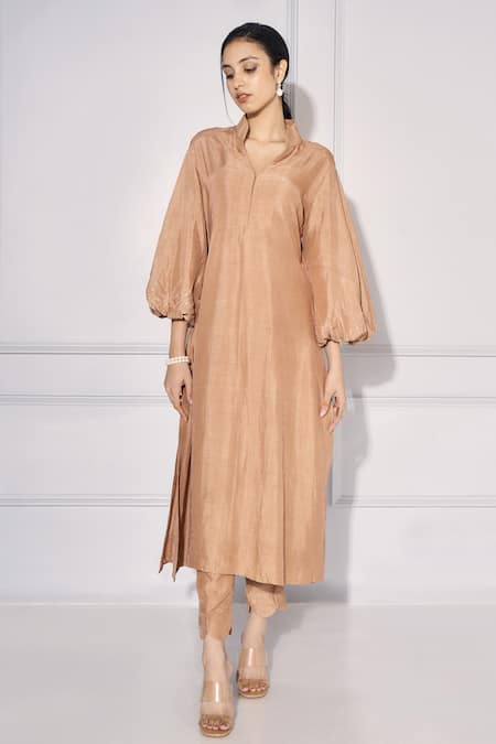 Kressa_Brown Silk Sequins, Cut Work Embroidered Balloon Sleeve Kurta And Pant Set_Online_at_Aza_Fashions