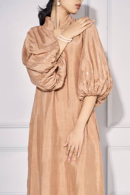 Shop_Kressa_Brown Silk Sequins, Cut Work Embroidered Balloon Sleeve Kurta And Pant Set_Online_at_Aza_Fashions