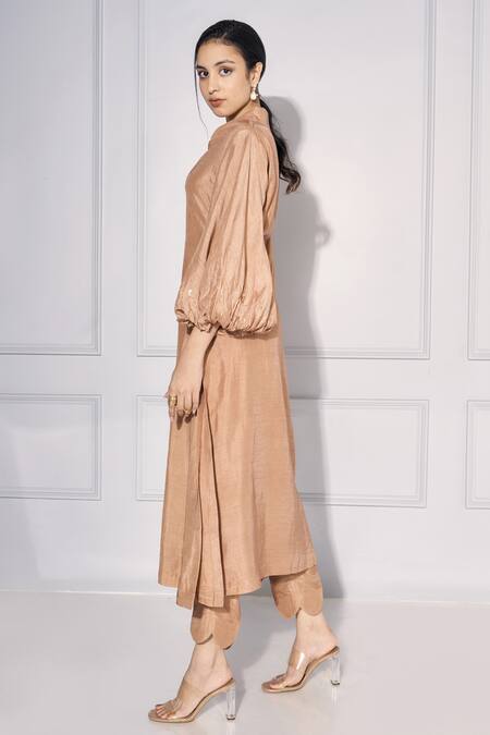 Kressa_Brown Silk Sequins, Cut Work Embroidered Balloon Sleeve Kurta And Pant Set_at_Aza_Fashions