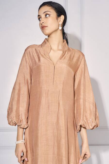 Buy_Kressa_Brown Silk Sequins, Cut Work Embroidered Balloon Sleeve Kurta And Pant Set