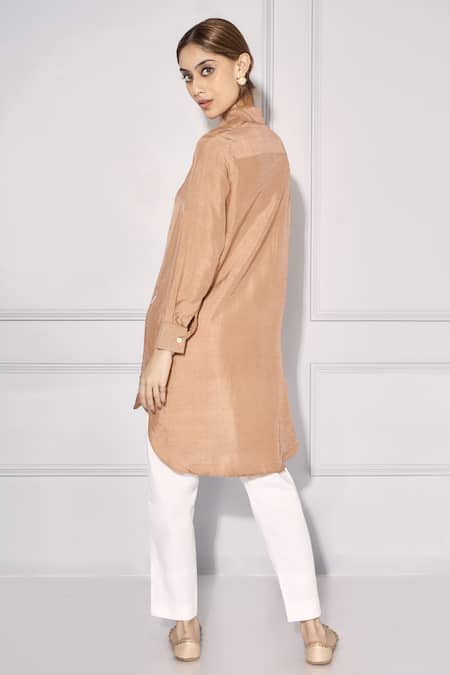 Shop Kressa Brown Silk, Cotton Beads, Sequins Collared Embroidered Shirt Tunic And Pant Set at Aza Fashions Shop_Kressa_Brown Silk, Cotton Beads, Sequins Collared Embroidered Shirt Tunic And Pant Set_at_Aza_Fashions