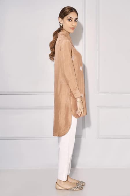Kressa Brown Silk, Cotton Beads, Sequins Collared Embroidered Shirt Tunic And Pant Set Online at Aza Fashions Kressa_Brown Silk, Cotton Beads, Sequins Collared Embroidered Shirt Tunic And Pant Set_Online_at_Aza_Fashions