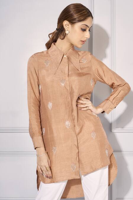 Buy Kressa Brown Silk, Cotton Beads, Sequins Collared Embroidered Shirt Tunic And Pant Set Online at Aza Fashions Buy_Kressa_Brown Silk, Cotton Beads, Sequins Collared Embroidered Shirt Tunic And Pant Set_Online_at_Aza_Fashions