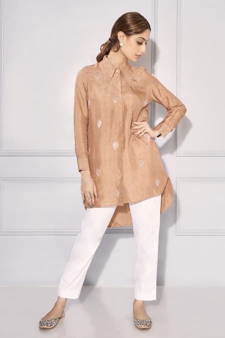 Shop Kressa Brown Silk, Cotton Beads, Sequins Collared Embroidered Shirt Tunic And Pant Set Online at Aza Fashions Shop_Kressa_Brown Silk, Cotton Beads, Sequins Collared Embroidered Shirt Tunic And Pant Set_Online_at_Aza_Fashions