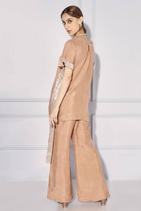 Shop Kressa Brown Silk Tassels, Embroidery Boat Neck Placement Cut Dana Top And Pant Set at Aza Fashions Shop_Kressa_Brown Silk Tassels, Embroidery Boat Neck Placement Cut Dana Top And Pant Set_at_Aza_Fashions