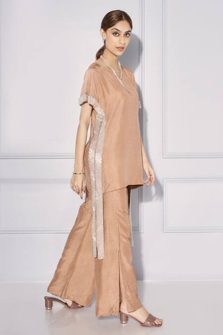 Kressa Brown Silk Tassels, Embroidery Boat Neck Placement Cut Dana Top And Pant Set Online at Aza Fashions Kressa_Brown Silk Tassels, Embroidery Boat Neck Placement Cut Dana Top And Pant Set_Online_at_Aza_Fashions