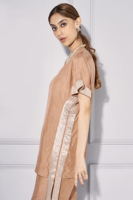 Buy Kressa Brown Silk Tassels, Embroidery Boat Neck Placement Cut Dana Top And Pant Set Online at Aza Fashions Buy_Kressa_Brown Silk Tassels, Embroidery Boat Neck Placement Cut Dana Top And Pant Set_Online_at_Aza_Fashions
